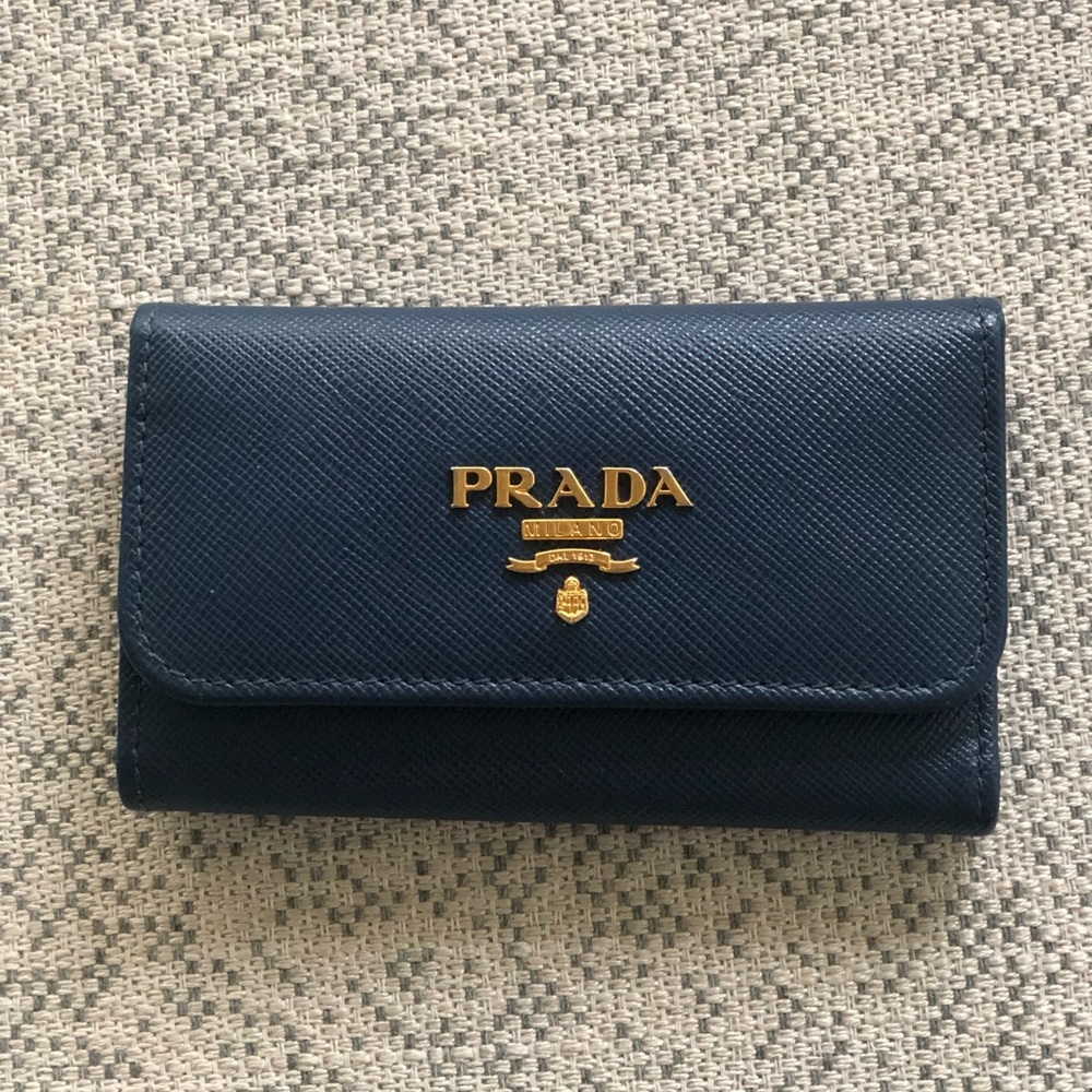 Prada Blue and Gold Saffiano Leather Key & Card Holder